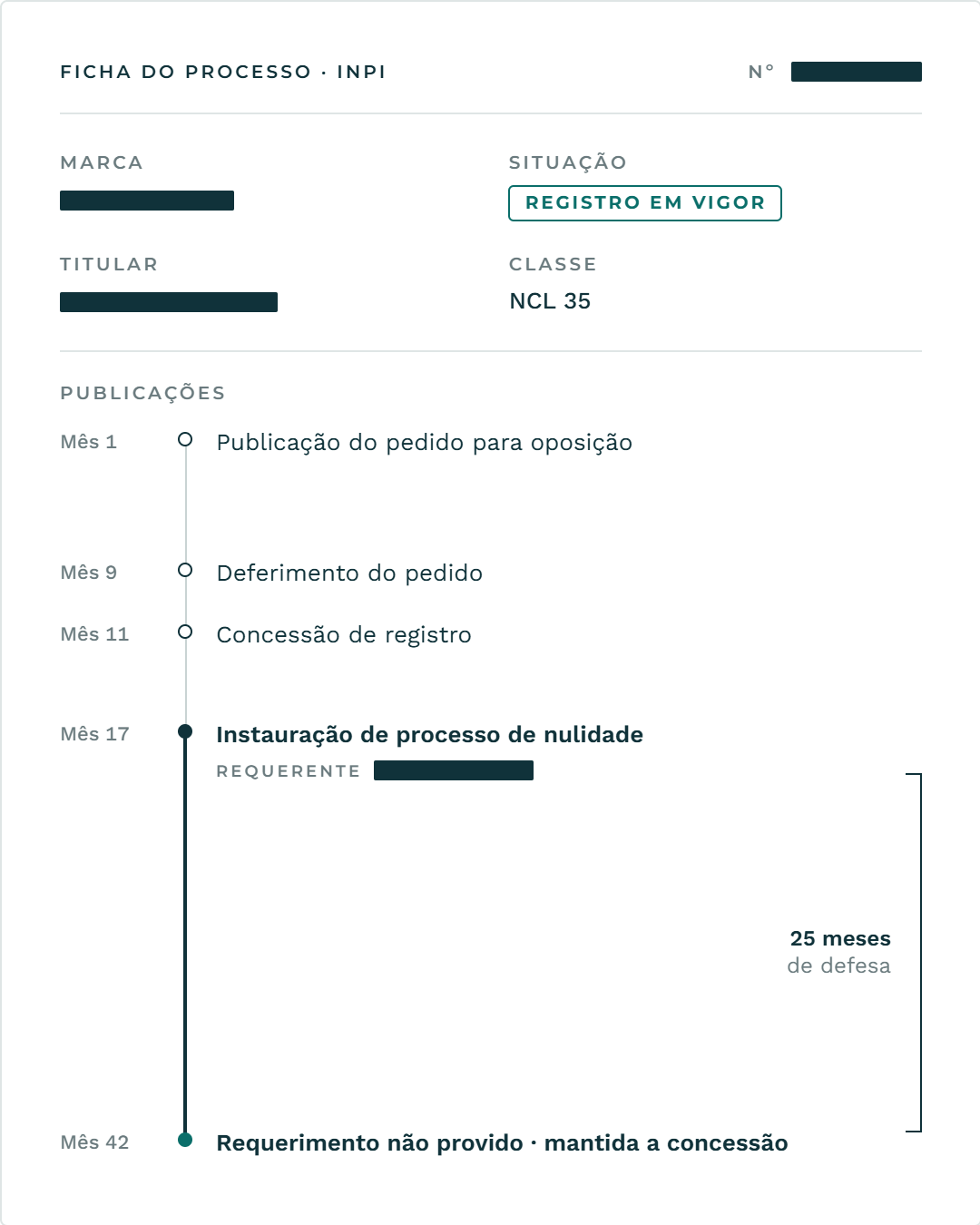 Ficha do processo no INPI com dados omitidos